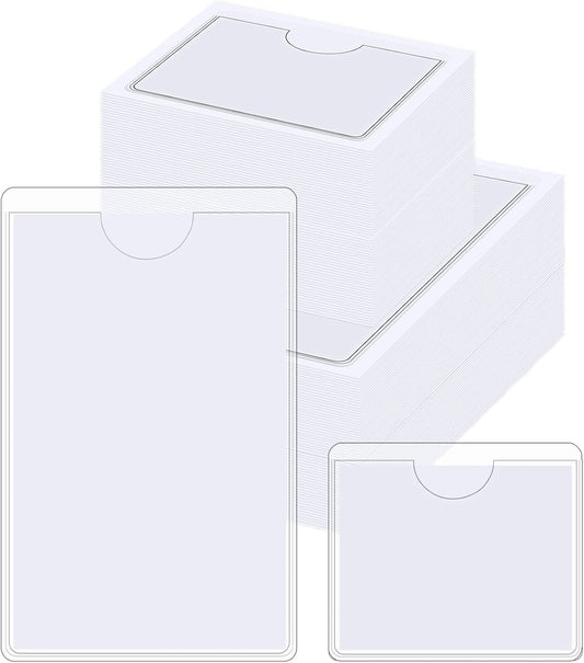 Outus 100 Pcs Clear Self Adhesive Pockets - Bin Labels for Storage Bins, Pocket Label Sleeves, Plastic Index Card Holder with Top Open for Organizing Bins Box Drawer(2 x 3.75, 2 x 1.5 Inch)