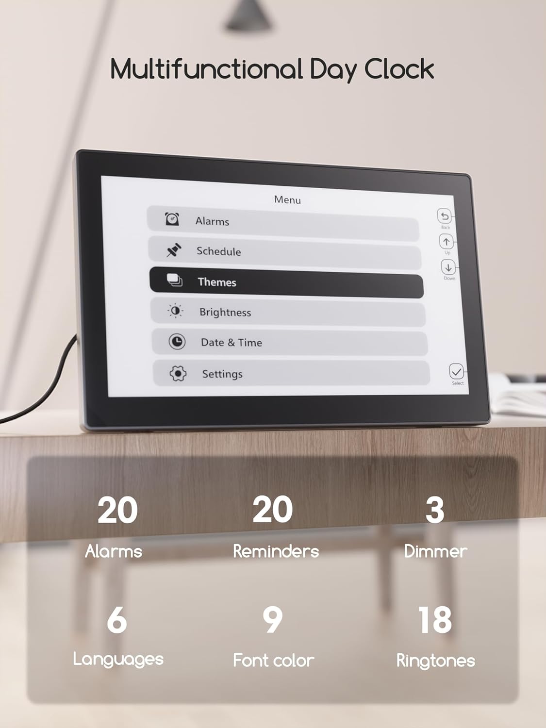 Raynic Digital Clock, Large Display Calendar Clock with 12 Themes, 20 Alarms, 20 Reminders, Auto Dimming, 12/24 Hours, Indoor Temperature, Humidity for Seniors, Desk