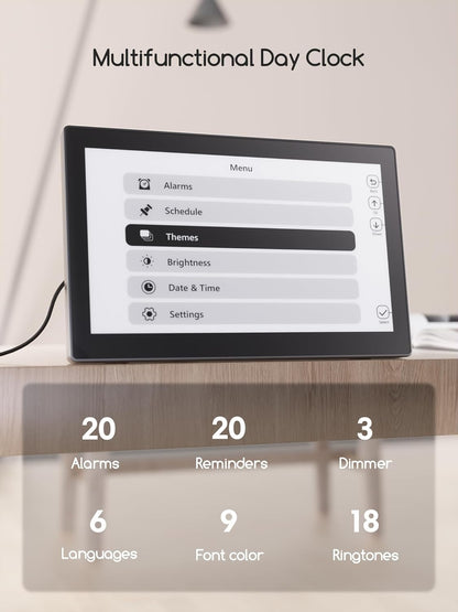 Raynic Digital Clock, Large Display Calendar Clock with 12 Themes, 20 Alarms, 20 Reminders, Auto Dimming, 12/24 Hours, Indoor Temperature, Humidity for Seniors, Desk