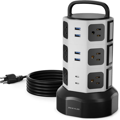 【10ft】 Power Strip Tower JACKYLED Surge Protector Electric Charging Station with 13A 12 Outlets 6 USB Ports Heavy Duty Extension Cord for Home Office Computer Nightstand Laptop Phone White Black