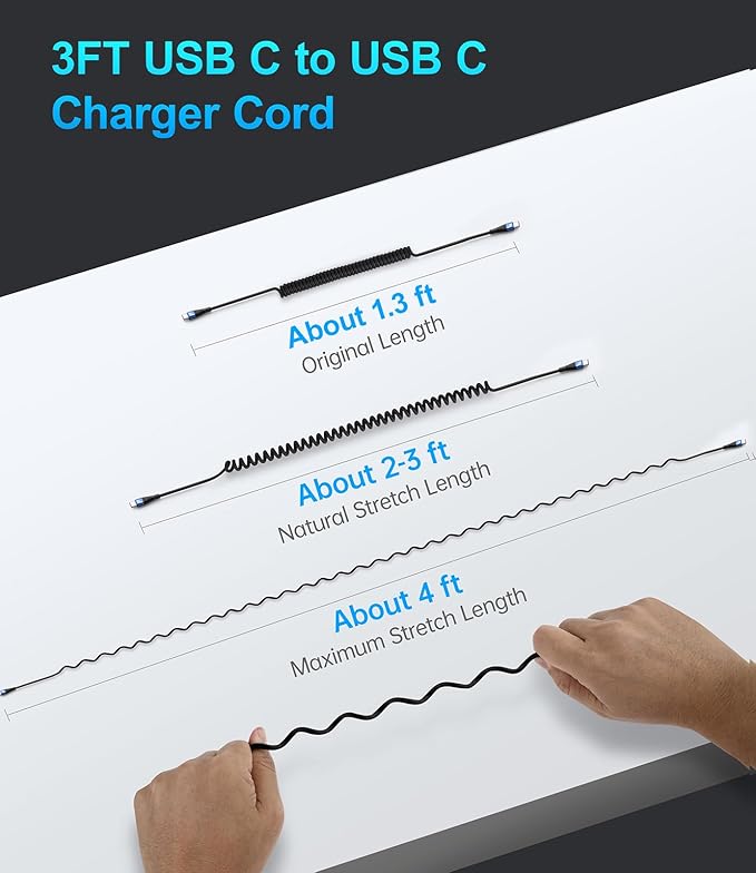USB C Cable 100W 3FT Coiled USB C to USB C Charger Cable for Car, 2Pack Short Type C Cable Fast Charging Cable for iPhone 17/16/15/Plus/Pro Max/Samsung Galaxy S23, Compatible All Type C Devices,Blue