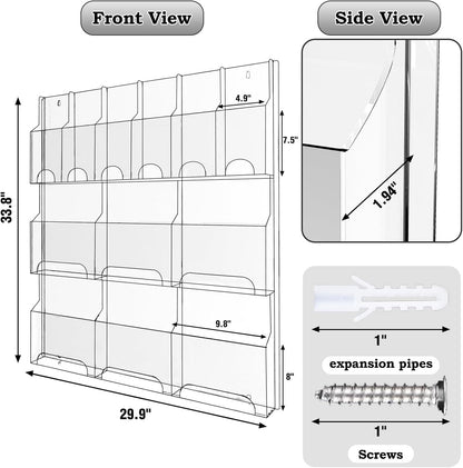 Acrylic Brochure Pamphlet Holder, 6 Magazine Holders and 6 Pamphlet Holders, Clear Brochure Display Stand Wall Mount, Trifold Flyer Rack, Literature Storage Rack for Home, Offices, Waiting Room