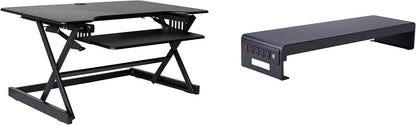 Rocelco 40" Large Height Adjustable Standing Desk Converter with Dual Monitor Stand BUNDLE - Quick Sit Stand Up Computer Workstation Riser - Retractable Keyboard Tray - Black (R DADRB-40-DMS)