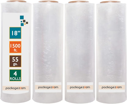 PackageZoom 4 Rolls 18" x 1500 Ft Stretch Wrap Heavy Duty, Industrial Strength Shrink Wrap, 55 Gauge High Performance Stretch Film Replaces 80 Gauge Low Films, Clear Hand Stretch Wrap