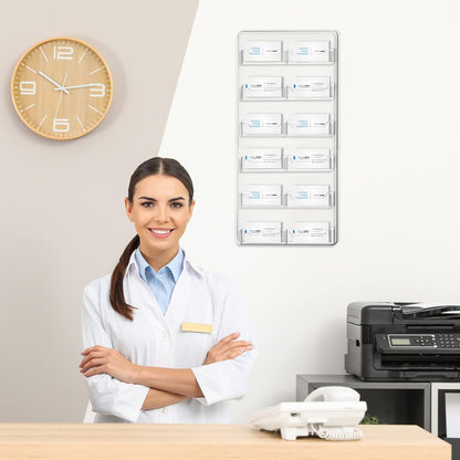 Qunclay 2 Pack 12 Pocket Acrylic Business Card Holder Wall Mount Clear Sticker Display Rack Vertical Multiple Gift Card Rack Display Stand for Home Documents Brochures Hanging Organizing Office Table