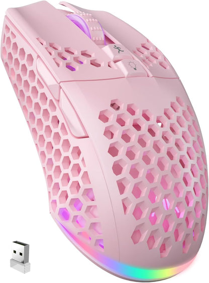 SM600 Pink Wireless Gaming Mouse with Honeycomb Shell, Side Buttons,Tri-Modes(BT5.1+BT5.1+2.4GHz) Lightweight RGB Wireless Mouse for PC/Tablet/Desktop/Office/Games