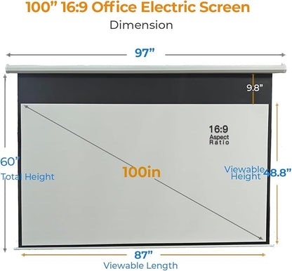 100 Inch Motorized Projector Screen - 16:9 HD Electric Movie Screen with Remote Control, Wall/Ceiling Mounted for Home Theater, Office, Wrinkle-Free Projection Screen for Indoor Use (White)