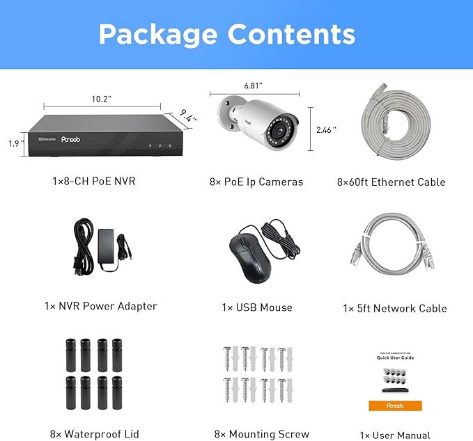 PoE Security Camera System 4K, 8pcs 8MP Wired Bullet IP PoE Cameras Outdoor w/Mic, AI Person Detection, 4K/8MP 8 Channel NVR 2TB HDD, 110ｰ Wide Angle, 100ft IR Night Vision, PB37F0808-8M
