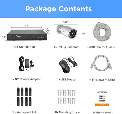 PoE Security Camera System 4K, 8pcs 8MP Wired Bullet IP PoE Cameras Outdoor w/Mic, AI Person Detection, 4K/8MP 8 Channel NVR 2TB HDD, 110ｰ Wide Angle, 100ft IR Night Vision, PB37F0808-8M