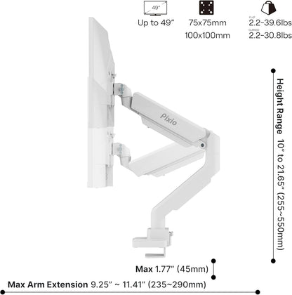 Pixio PS2S White Ultrawide Heavy-Duty Premium Single Monitor Arm Stand Desk Mount - Fits up to 49 inches Monitors, Weights up to 39lbs Flat / 31lbs Curved, Compatible with VESA 75x75 100x100mm