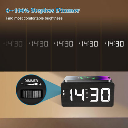 Wood Digital Alarm Clock with 10W Fast Wireless Charger, USB Charging Ports, DST, Dimmable, Snooze, Large Number LED Display for Bedrooms, Desk, Living Room Table, Bedside, Nightstand (Black)
