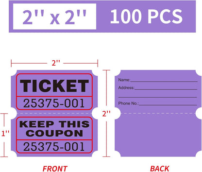 DGBDPACK 100 Raffle Tickets, 50/50 Double Ticket, Bold Numbers for Easy Reading, Ticket for Events, Entry, Class Reward & Prizes -Purple