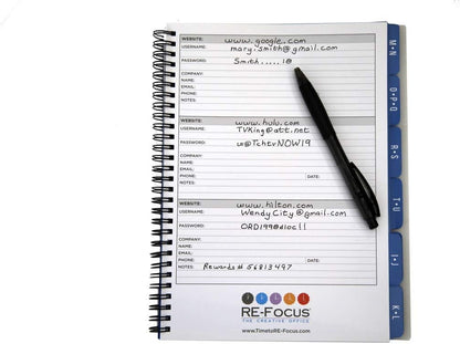 Password Book Keeper, Pink, Alphabetical Tabs, Spiral Bound, Removable Sheets, Journal Organizer Includes Website, Address, Username, Password - 10" x 7.5" by Re-Focus The Creative Office