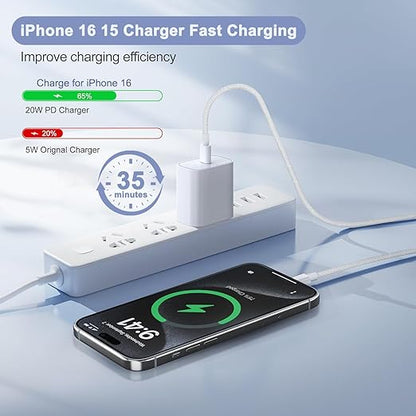 iPhone 16 15 Charger Fast Charging, 2Pack 20W PD USB C Charger Block Type C Charge with USB C to C Fast Charging Cord Woven Cable for iPhone 16/16 Plus/16 Pro/16 Pro Max/15/15 Plus/15 ProMax/iPad Pro