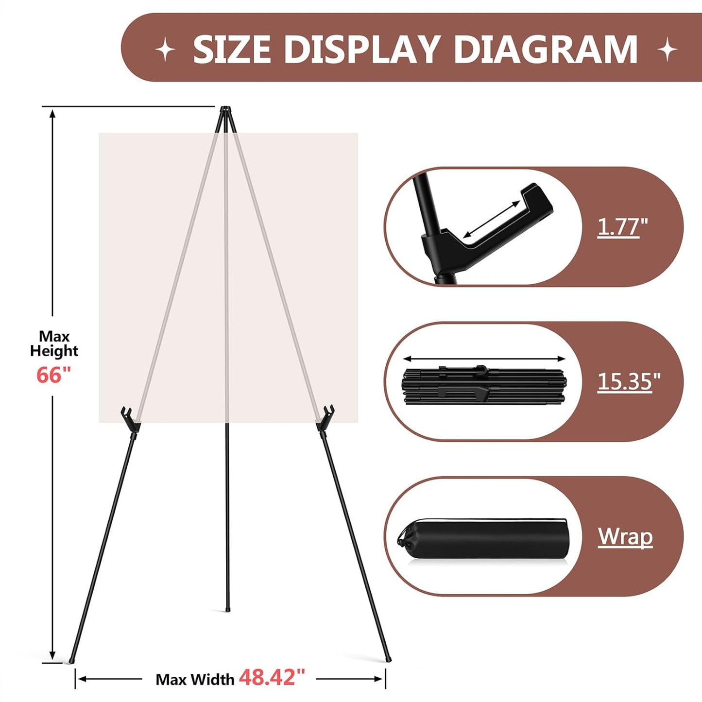Display Black Easel Stand for Wedding Sign, Artist Instant Tripod Collapsible Portable Floor Easel for Posters, 66" Adjustable Easy Folding Metal Stand for Display Show, Arts, Painting