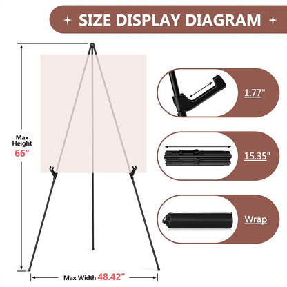 Display Black Easel Stand for Wedding Sign, Artist Instant Tripod Collapsible Portable Floor Easel for Posters, 66" Adjustable Easy Folding Metal Stand for Display Show, Arts, Painting