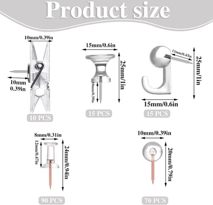 200 Pieces Push Pins Set, 5 Types Clear Thumb Tacks Push Pins for Wall Cork Board Bulletin Boards with Storage Box