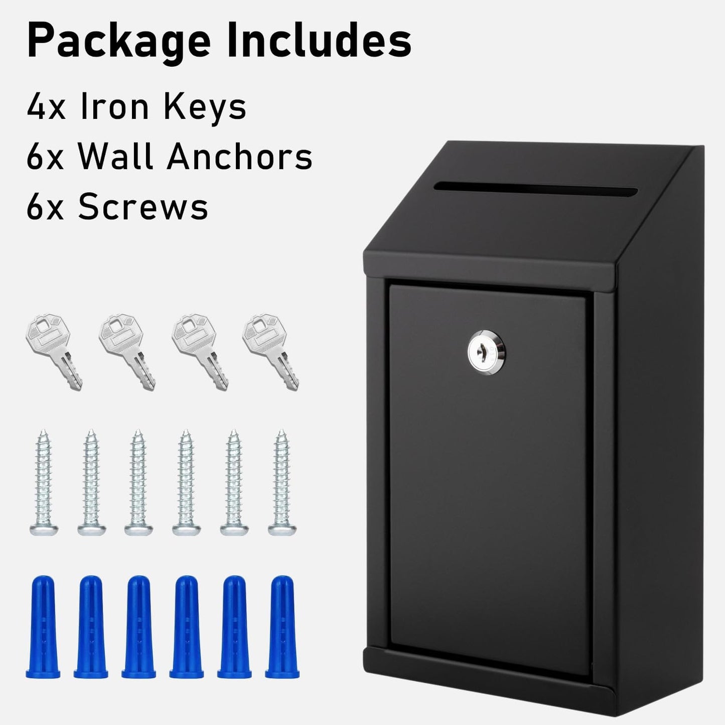 Metal Donation Box with Lock, Wall Mounted, Suggestion Box with 4 Iron Keys, Black, Cash Drop Box with Slot, 1-Pack