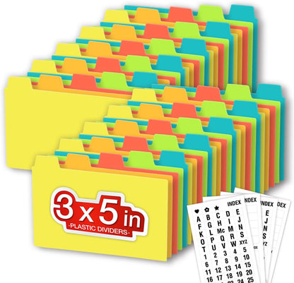Chell 3x5 Plastic Index Card Dividers, Heavyweight Poly Index Card Guides A-Z for Flash Cards and Recipe Cards, with Alphabetical/Blank Stickers, Pack of 50