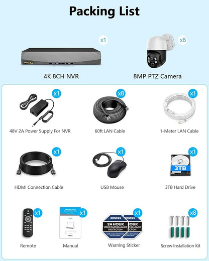 4K PT PoE Outdoor Wired Security Camera System Home Wired Cameras Video Surveillance