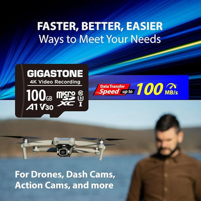 GIGASTONE 100GB Micro SD Card, A1 V30 4K Video Recording, Compatible with Security Camera, Dash Cam, Drone, 100MB/s MicroSDXC Memory Card UHS-I, with Adapter
