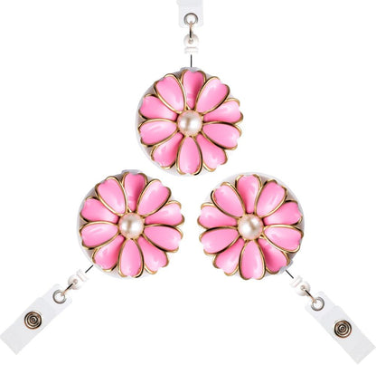 Retractable Badge Holder, ID Badge Reel with Pearl, 3 Pack (Pink)