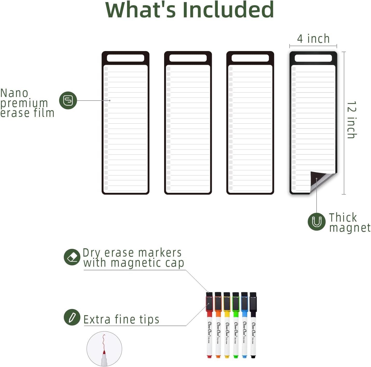 Magnetic Dry Erase List Board - 4"x12" Multifunctional List Board for Fridge - 6 Extra Fine Point Markers Included - Shipped Flat