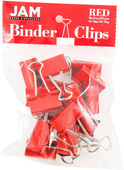 JAM PAPER Colorful Binder Clips - Medium - 1 1/4 Inch (32 mm) - Red Binderclips - 15/Pack