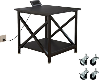 Large Printer Stand with Power Outlet, with Storage Shelf, 2 Tier Rolling Printer Cart with Industrial Wheels, 23.6 x 23.6 Inches Printer Table for Home Office,Black
