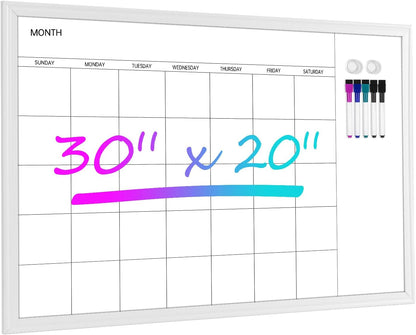 VUSIGN Magnetic Dry Erase Calendar White Board for Wall, 30"x20" Calendar Whiteboard, White Wood Style Frame, Includes 2 Magnets and 5 Markers