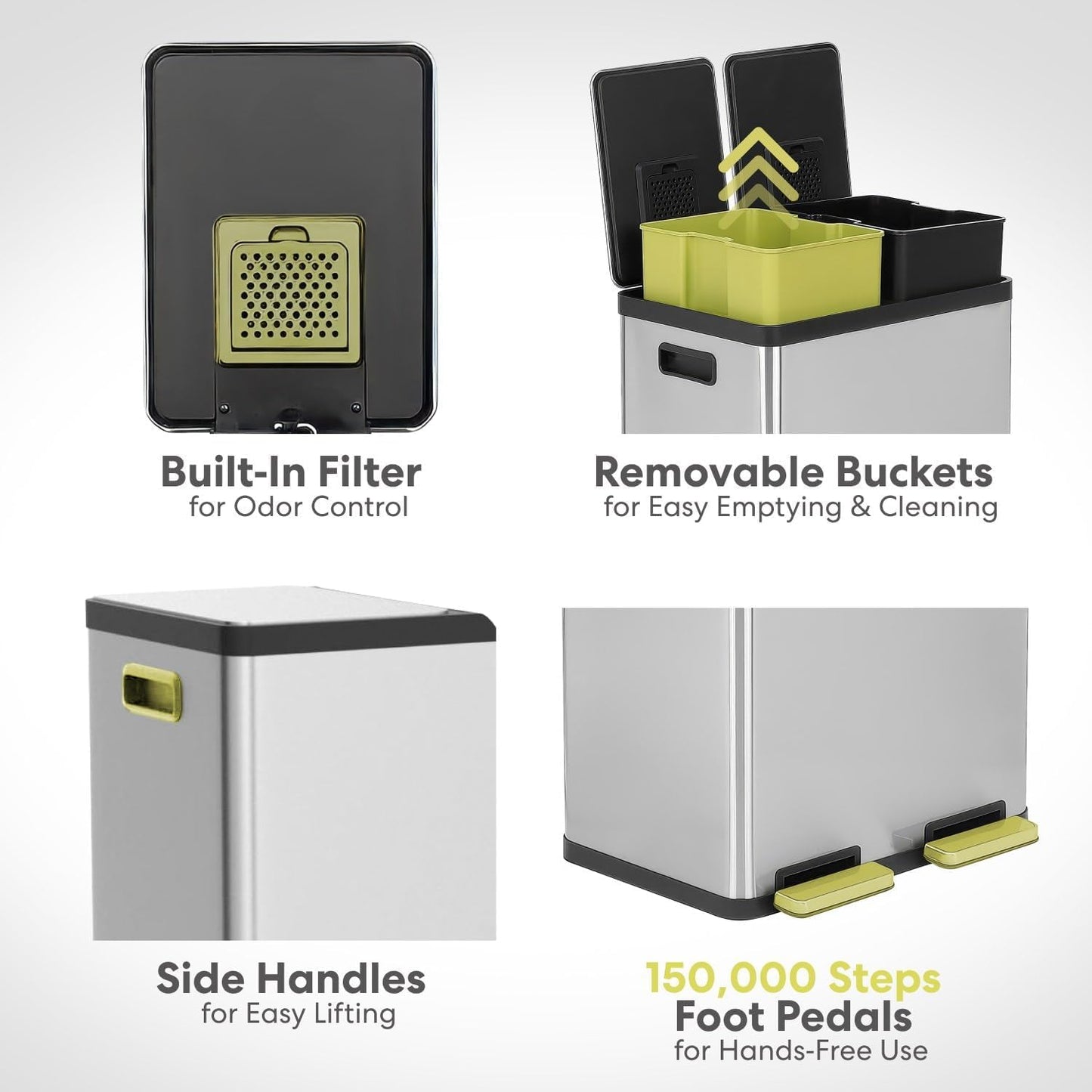 Simpli-Magic 16 Gallon (30L x 30L) Dual Compartment Step Trash Can – Kitchen Garbage Can with Slow-Close Lids – Waste & Recycling Bins, Odor Control, Hands-Free, Easy to Clean, Stainless Steel