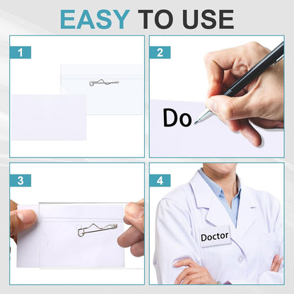 Anjmd 50 Pieces Pin Style Name Badge Holders Name Tags with Pins Clear Plastic Name Tag Holder Name Badge Holders with 50 Pcs Inserts Fit Card (3.58x2.16 inch)