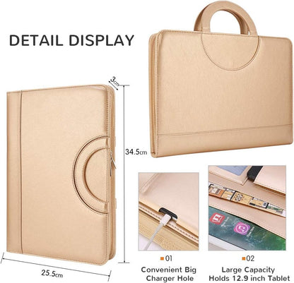 Darolin Zippered Leather Padfolio Portfolio with Hidden Handle and Clipboard, Business Conference Organizer Notepad Folder, Portfolio Bag, Padfolio for Women/Men (Gold)