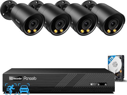Security Camera System PoE, 4X 4MP Wired Bullet IP Cameras Outdoor Built-in Microphone, AI Human Vehicle Detection, 5MP 8CH NVR with 2TB HDD, Smart Color Night Vision, Black, PB38F30408-4MD