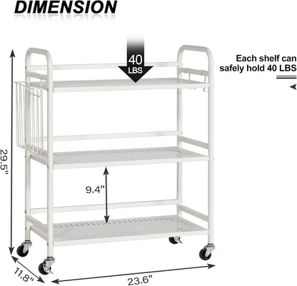 HDANI 3 Tier Metal Mesh Utility Cart,Large Capacity Multipurpose Heavy Vehicle,Rolling Trolley with to Hooks and One Basket(White)