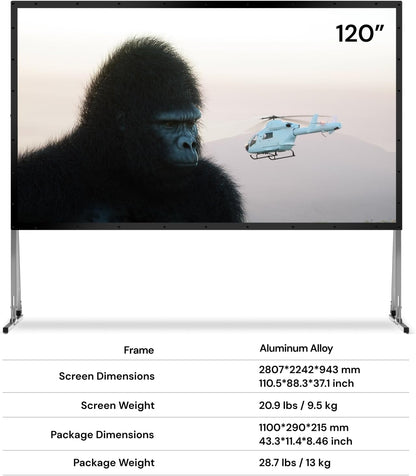 AWOL VISION Folding Outdoor Projector Screen with Stand (120 inches), Portable 16:9 4K HD Rear Front Movie Screen with Carry Bag for Theater Backyard Movie Night,Cinema School