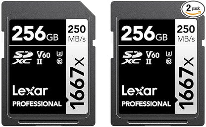 Lexar 256GB (2-Pack) Professional 1667x SD Card, UHS-II, C10, U3, V60, Full HD, 4K, Up To 250MB/s Read SDXC Memory Card, for Professional Photographer, Videographer, Enthusiast (LSD1667256G-B2NNU)