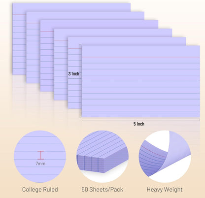 300 Count Index Cards 3 x 5 Inch Ruled Purple Index Cards, Flash Cards College Ruled for School, College, Office and Home Organization, Durable Study To Do List Note Cards with Ruled Lines