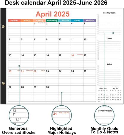 Large Desk Calendar 2025-2026 - 22" x 17" Desk Calendar from April 2025 - June 2026, Desktop Pad Calendar Perfect for Planning and Organizing In Your Home, School or Office, Colorful