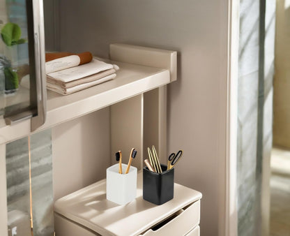 Square Ceramics Desk Pencil Holder With Metal Frame, Suitable for Offices and Homes(Off White)