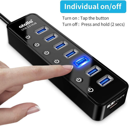 Powered USB Hub 3.0, Atolla 7-Port USB Data Hub Splitter with One Smart Charging Port and Individual On/Off Switches and 5V/4A Power Adapter USB Extension for MacBook, Mac Pro/Mini and More.