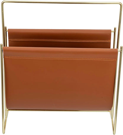 MyGift 13 inch Modern Caramel Leatherette Magazine Holder Floor Standing Sling Style Rack with Brass Tone Metal Frame