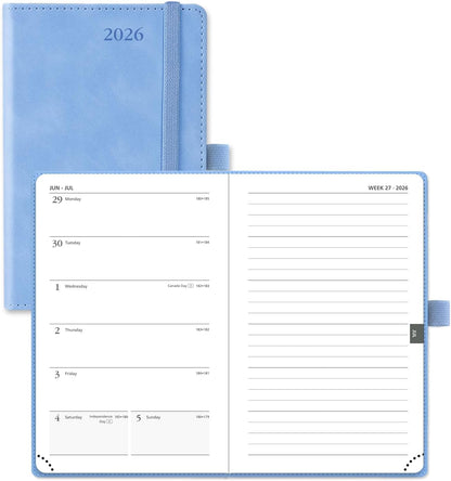POPRUN Weekly Planner 2026 Pocket Size Calendar (4" x 6.25") 12 Months Notebook with Horizontal Layout, Leather Soft Cover, Inner Pocket, 100GSM Thick Paper, Pen Holder - Cerulean Blue