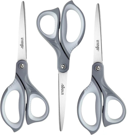 LIVINGO 3 Pack Scissors for Office: Sharp Stainless Steel Shears Heavy Duty All Purpose for Cutting Crafting Paper Fabric, Gray Comfort Handles, 8.5 Inches