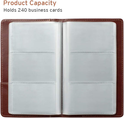 Sooez Leather Professional Business Card Book Holder Organizer, 240 Capacity Credit Card Booklet, PU Name Cards Holder Storage File for Men Women, Brown