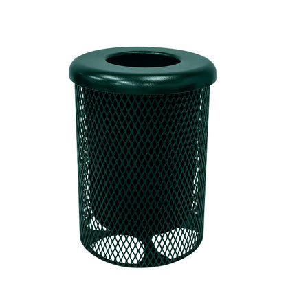 Coated Outdoor Furniture 32-Gallon Heavy-Duty Expanded Metal Round Trash Receptacle, Commercial Outdoor Waste Bin with Liner & Black Flat Top Lid – Made in America (Textured Dark Green)