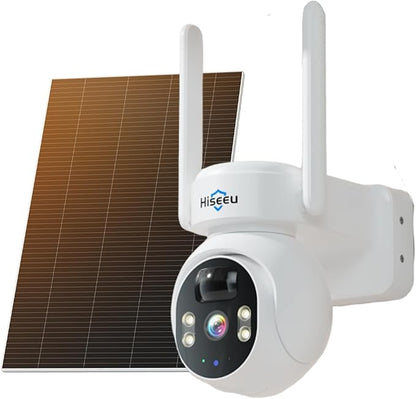 Hiseeu Solar Camera Outdoor, 4MP Wireless Battery Camera, PTZ 360° View, PIR Motion Detection, Color Night Vision, IP66, 2-Way Audio, 2.4G WiFi, No Monthly Fee
