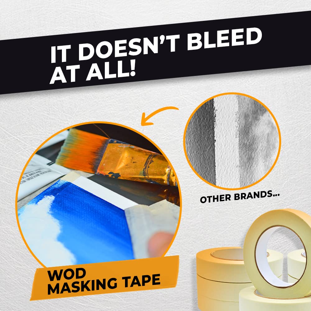 WOD MT5 Utility Grade Masking Tape, 1/2 inch x 60 yds. (Pack of 72) for Home or Office air-Dry Painting, Labeling, & Packing. Leaves no Residue