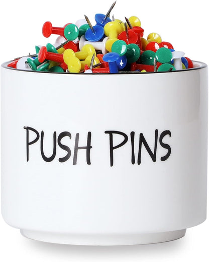 Ceramic Push Pins Holder, Paper Clips Dispenser Organizer for Desk and Binder Clips Holders Container for Office School Home Supplies 3.4Inch, White