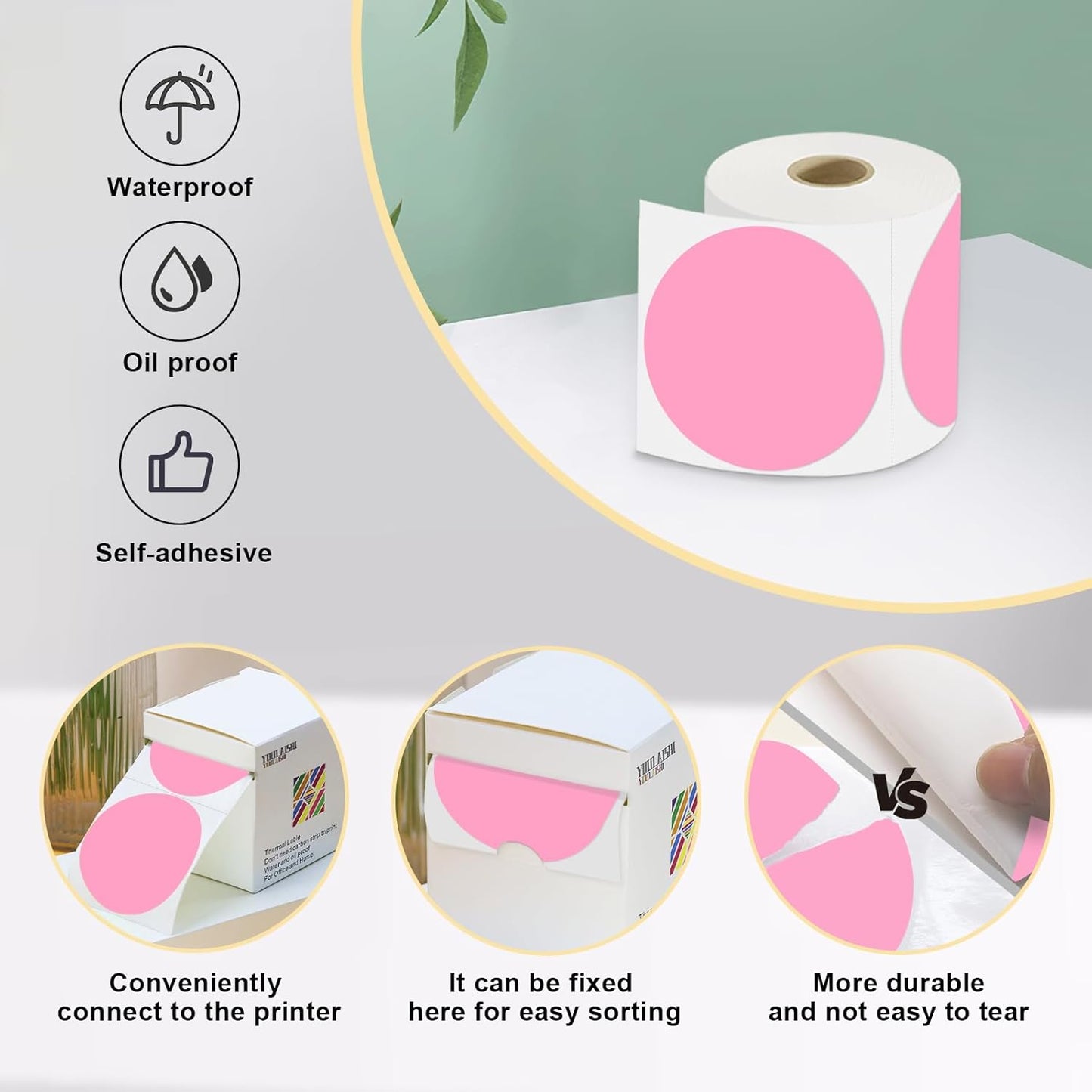 3 X 3 Inch Color Coding Dot Labels Circle Thermal Printable Waterproof 500 Pcs Round Stickers Adhesive Writable for Office, Home, Garage, DIY Sticker, Barcodes, Name Tag, Pink